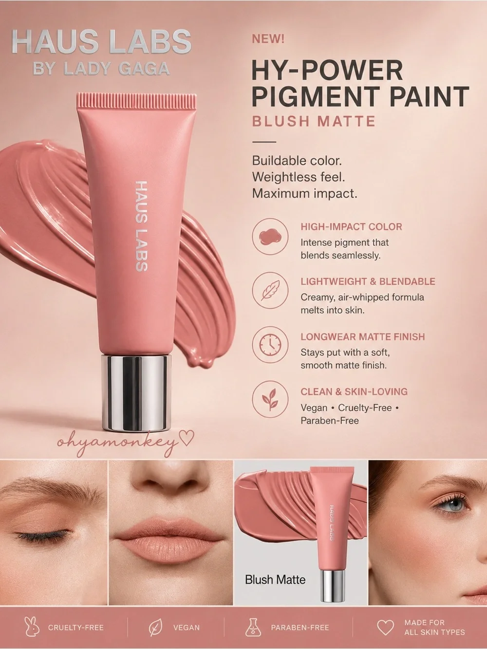 Haus Labs By Lady Gaga Hy-Power Pigment Paint Blush Matte — Soft Pink Peach